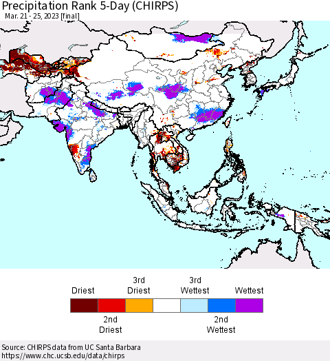 Asia Precipitation Rank since 1981, 5-Day (CHIRPS) Thematic Map For 3/21/2023 - 3/25/2023