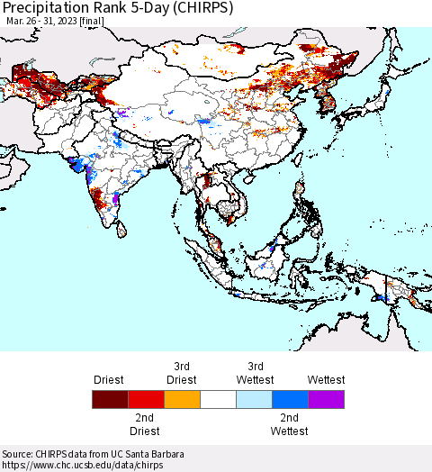 Asia Precipitation Rank since 1981, 5-Day (CHIRPS) Thematic Map For 3/26/2023 - 3/31/2023