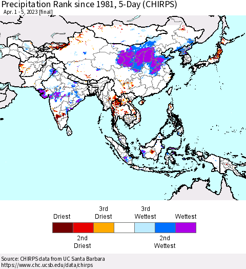 Asia Precipitation Rank since 1981, 5-Day (CHIRPS) Thematic Map For 4/1/2023 - 4/5/2023