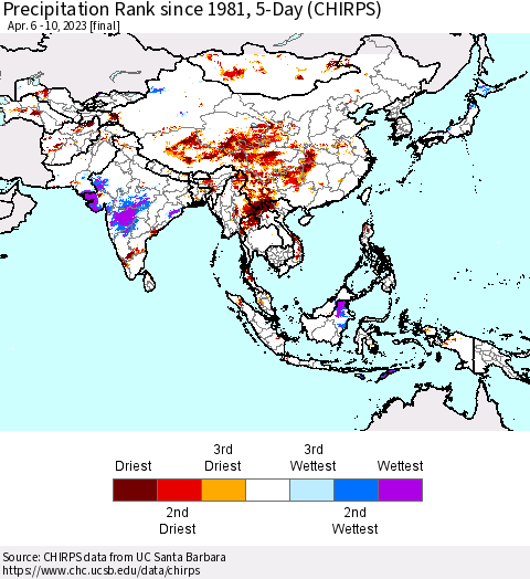 Asia Precipitation Rank since 1981, 5-Day (CHIRPS) Thematic Map For 4/6/2023 - 4/10/2023