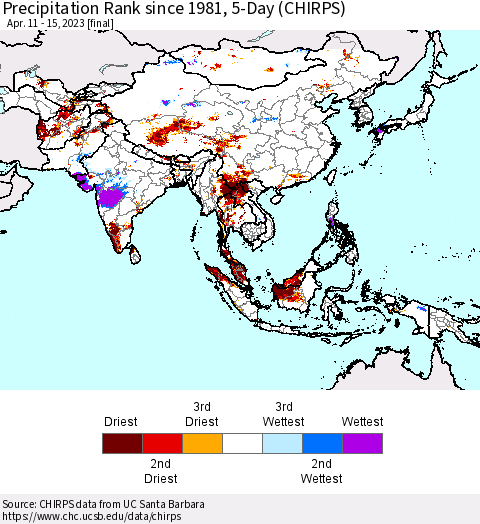 Asia Precipitation Rank since 1981, 5-Day (CHIRPS) Thematic Map For 4/11/2023 - 4/15/2023