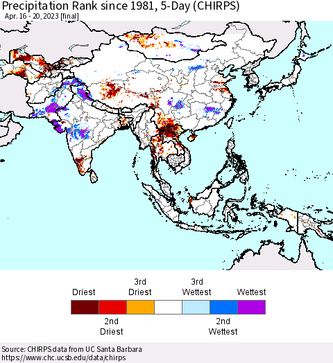 Asia Precipitation Rank since 1981, 5-Day (CHIRPS) Thematic Map For 4/16/2023 - 4/20/2023
