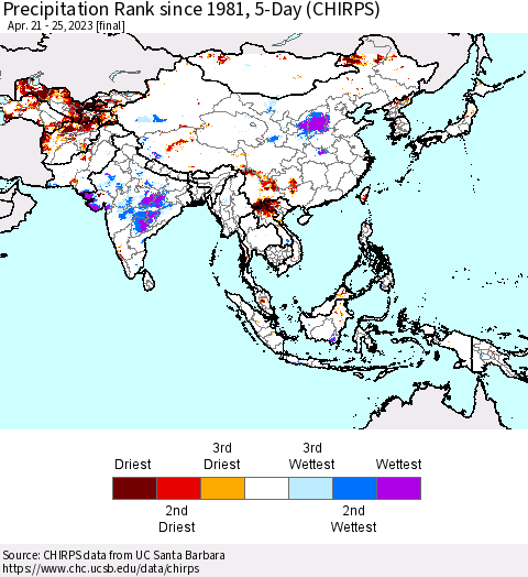 Asia Precipitation Rank since 1981, 5-Day (CHIRPS) Thematic Map For 4/21/2023 - 4/25/2023