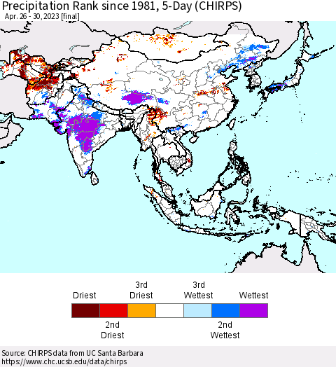Asia Precipitation Rank since 1981, 5-Day (CHIRPS) Thematic Map For 4/26/2023 - 4/30/2023