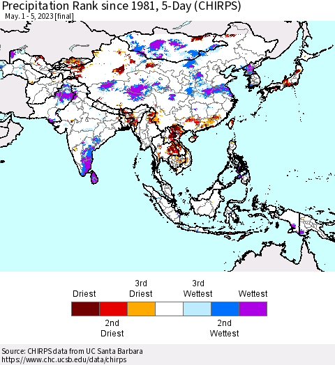 Asia Precipitation Rank since 1981, 5-Day (CHIRPS) Thematic Map For 5/1/2023 - 5/5/2023