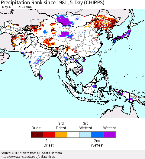 Asia Precipitation Rank since 1981, 5-Day (CHIRPS) Thematic Map For 5/6/2023 - 5/10/2023