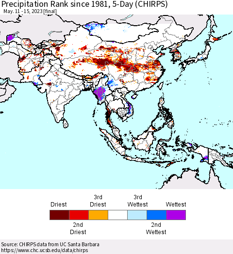 Asia Precipitation Rank since 1981, 5-Day (CHIRPS) Thematic Map For 5/11/2023 - 5/15/2023