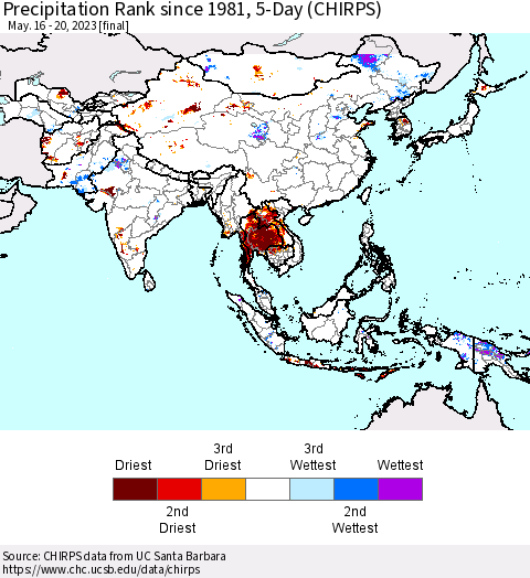 Asia Precipitation Rank since 1981, 5-Day (CHIRPS) Thematic Map For 5/16/2023 - 5/20/2023