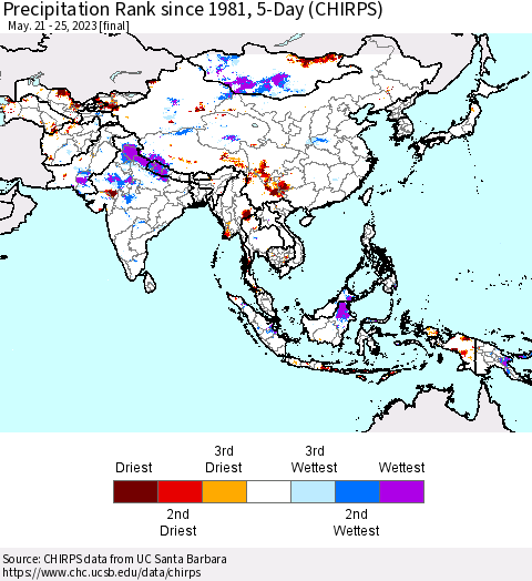 Asia Precipitation Rank since 1981, 5-Day (CHIRPS) Thematic Map For 5/21/2023 - 5/25/2023