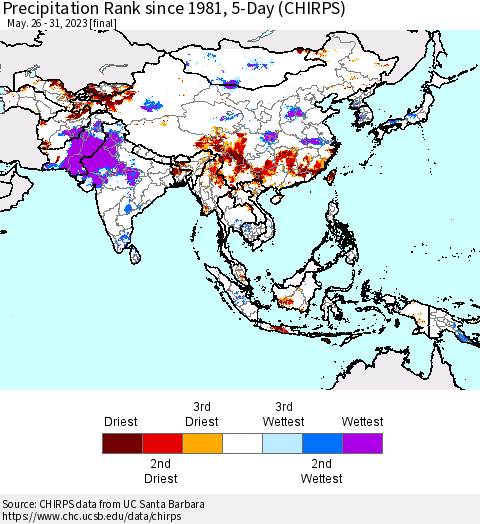 Asia Precipitation Rank since 1981, 5-Day (CHIRPS) Thematic Map For 5/26/2023 - 5/31/2023