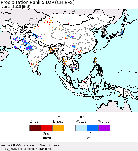 Asia Precipitation Rank since 1981, 5-Day (CHIRPS) Thematic Map For 6/1/2023 - 6/5/2023