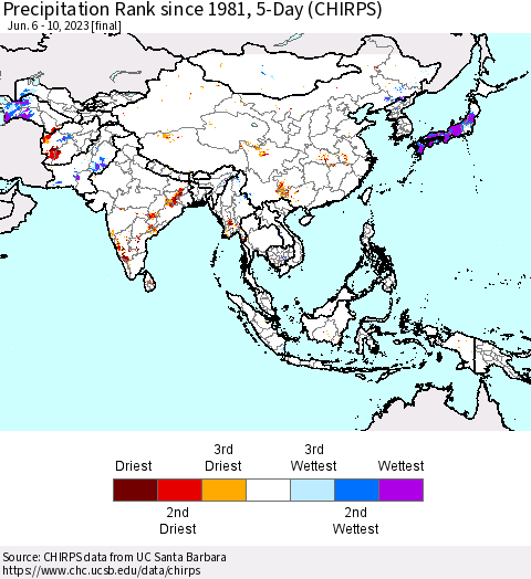 Asia Precipitation Rank since 1981, 5-Day (CHIRPS) Thematic Map For 6/6/2023 - 6/10/2023