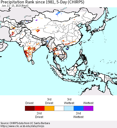 Asia Precipitation Rank since 1981, 5-Day (CHIRPS) Thematic Map For 6/11/2023 - 6/15/2023