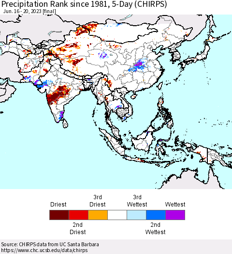 Asia Precipitation Rank since 1981, 5-Day (CHIRPS) Thematic Map For 6/16/2023 - 6/20/2023