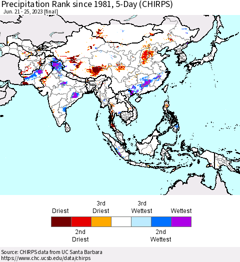 Asia Precipitation Rank since 1981, 5-Day (CHIRPS) Thematic Map For 6/21/2023 - 6/25/2023