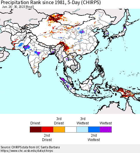 Asia Precipitation Rank since 1981, 5-Day (CHIRPS) Thematic Map For 6/26/2023 - 6/30/2023