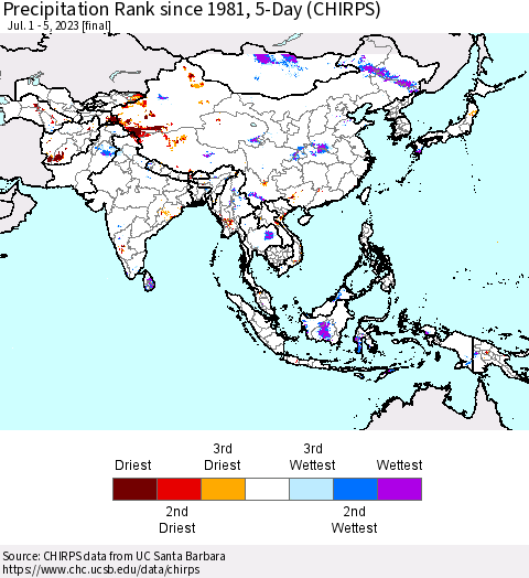 Asia Precipitation Rank since 1981, 5-Day (CHIRPS) Thematic Map For 7/1/2023 - 7/5/2023