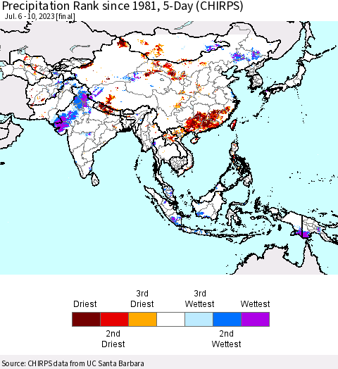 Asia Precipitation Rank since 1981, 5-Day (CHIRPS) Thematic Map For 7/6/2023 - 7/10/2023