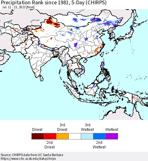 Asia Precipitation Rank since 1981, 5-Day (CHIRPS) Thematic Map For 7/11/2023 - 7/15/2023