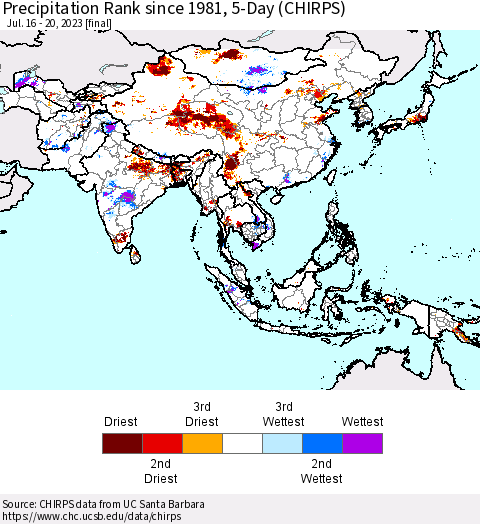 Asia Precipitation Rank since 1981, 5-Day (CHIRPS) Thematic Map For 7/16/2023 - 7/20/2023