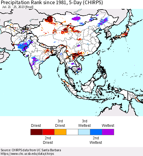 Asia Precipitation Rank since 1981, 5-Day (CHIRPS) Thematic Map For 7/21/2023 - 7/25/2023