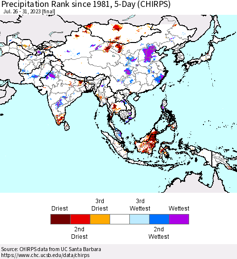 Asia Precipitation Rank since 1981, 5-Day (CHIRPS) Thematic Map For 7/26/2023 - 7/31/2023