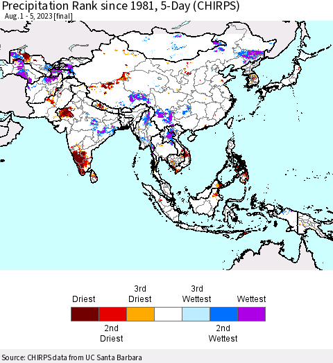 Asia Precipitation Rank since 1981, 5-Day (CHIRPS) Thematic Map For 8/1/2023 - 8/5/2023