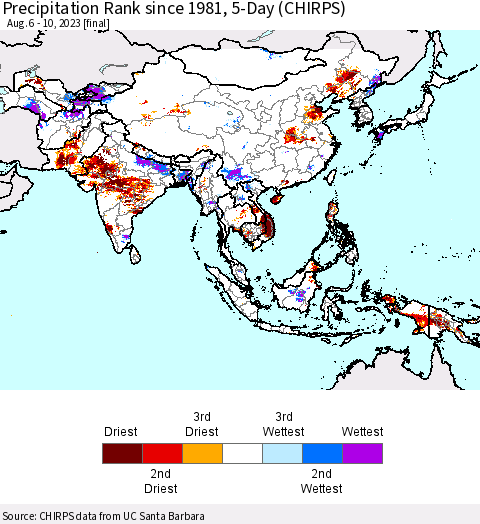 Asia Precipitation Rank since 1981, 5-Day (CHIRPS) Thematic Map For 8/6/2023 - 8/10/2023
