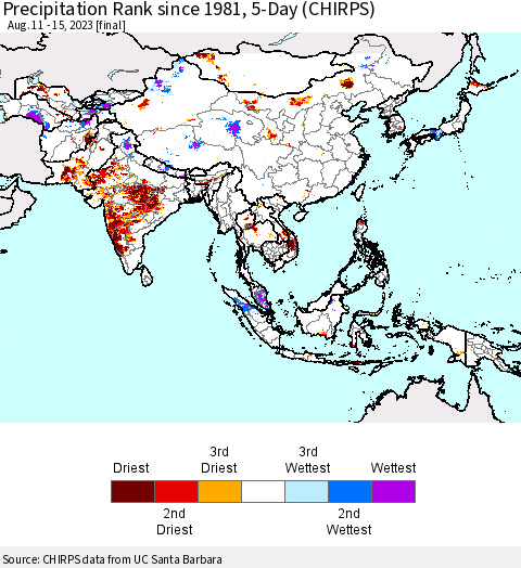 Asia Precipitation Rank since 1981, 5-Day (CHIRPS) Thematic Map For 8/11/2023 - 8/15/2023