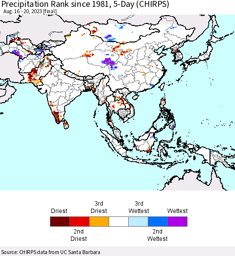 Asia Precipitation Rank since 1981, 5-Day (CHIRPS) Thematic Map For 8/16/2023 - 8/20/2023
