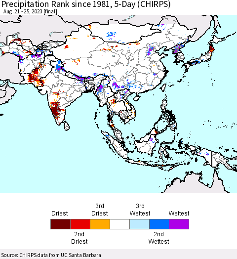 Asia Precipitation Rank since 1981, 5-Day (CHIRPS) Thematic Map For 8/21/2023 - 8/25/2023