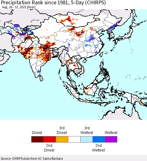 Asia Precipitation Rank since 1981, 5-Day (CHIRPS) Thematic Map For 8/26/2023 - 8/31/2023