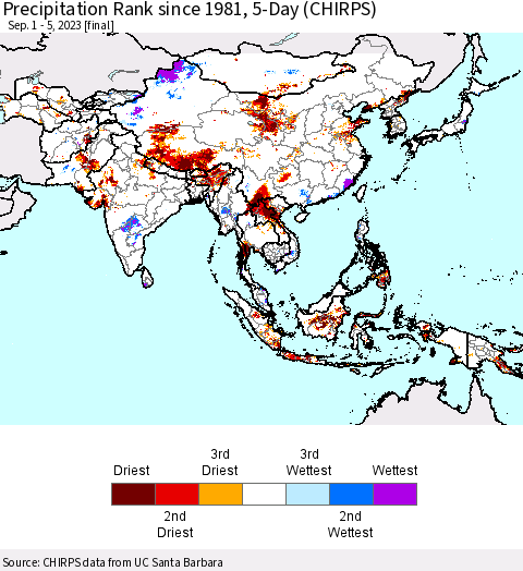 Asia Precipitation Rank since 1981, 5-Day (CHIRPS) Thematic Map For 9/1/2023 - 9/5/2023