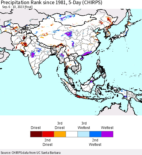 Asia Precipitation Rank since 1981, 5-Day (CHIRPS) Thematic Map For 9/6/2023 - 9/10/2023
