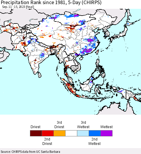 Asia Precipitation Rank since 1981, 5-Day (CHIRPS) Thematic Map For 9/11/2023 - 9/15/2023