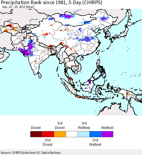 Asia Precipitation Rank since 1981, 5-Day (CHIRPS) Thematic Map For 9/16/2023 - 9/20/2023