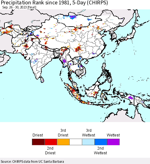 Asia Precipitation Rank since 1981, 5-Day (CHIRPS) Thematic Map For 9/26/2023 - 9/30/2023