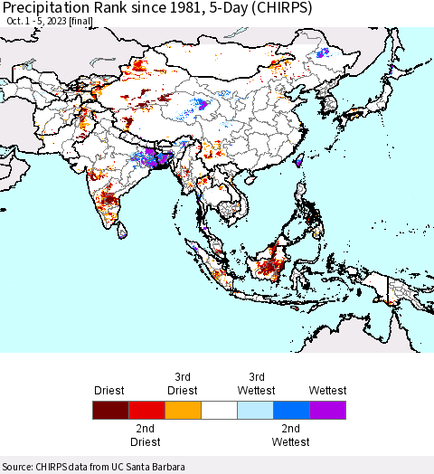 Asia Precipitation Rank since 1981, 5-Day (CHIRPS) Thematic Map For 10/1/2023 - 10/5/2023