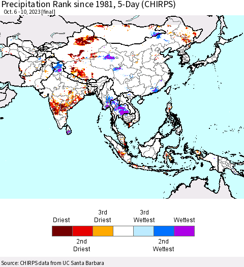Asia Precipitation Rank since 1981, 5-Day (CHIRPS) Thematic Map For 10/6/2023 - 10/10/2023