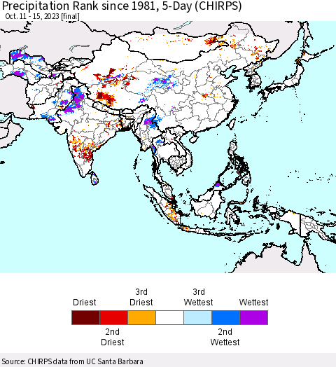 Asia Precipitation Rank since 1981, 5-Day (CHIRPS) Thematic Map For 10/11/2023 - 10/15/2023