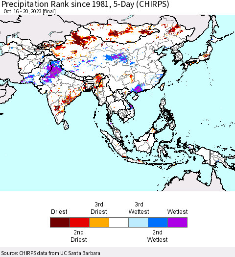 Asia Precipitation Rank since 1981, 5-Day (CHIRPS) Thematic Map For 10/16/2023 - 10/20/2023