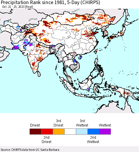 Asia Precipitation Rank since 1981, 5-Day (CHIRPS) Thematic Map For 10/21/2023 - 10/25/2023