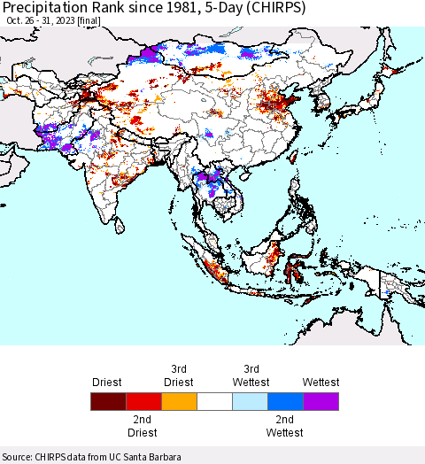 Asia Precipitation Rank since 1981, 5-Day (CHIRPS) Thematic Map For 10/26/2023 - 10/31/2023