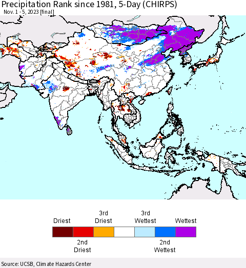 Asia Precipitation Rank since 1981, 5-Day (CHIRPS) Thematic Map For 11/1/2023 - 11/5/2023