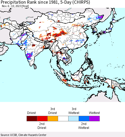 Asia Precipitation Rank since 1981, 5-Day (CHIRPS) Thematic Map For 11/6/2023 - 11/10/2023