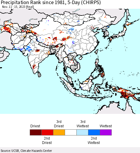 Asia Precipitation Rank since 1981, 5-Day (CHIRPS) Thematic Map For 11/11/2023 - 11/15/2023