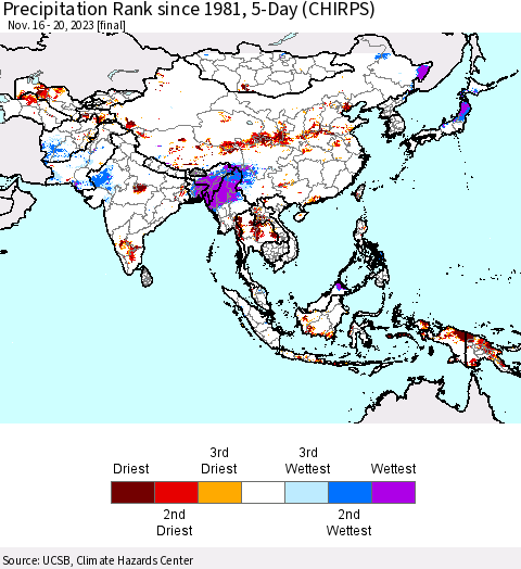 Asia Precipitation Rank since 1981, 5-Day (CHIRPS) Thematic Map For 11/16/2023 - 11/20/2023