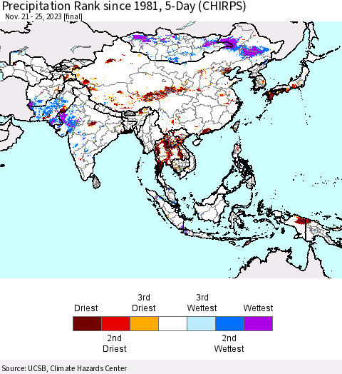 Asia Precipitation Rank since 1981, 5-Day (CHIRPS) Thematic Map For 11/21/2023 - 11/25/2023