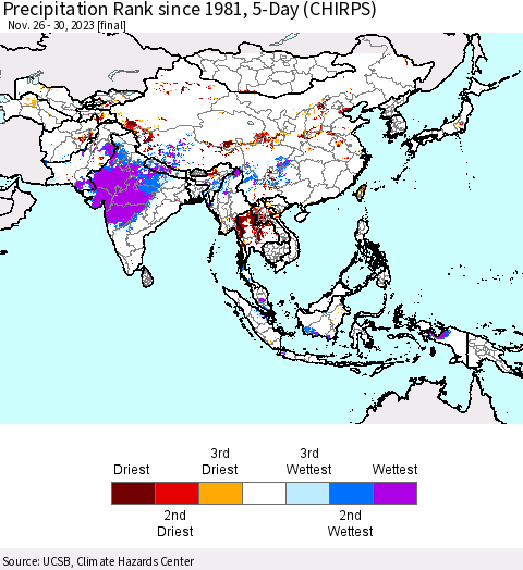 Asia Precipitation Rank since 1981, 5-Day (CHIRPS) Thematic Map For 11/26/2023 - 11/30/2023