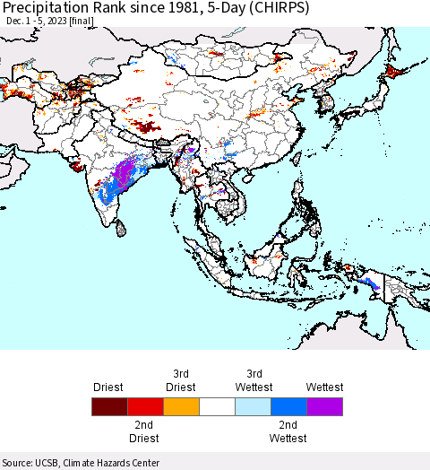 Asia Precipitation Rank since 1981, 5-Day (CHIRPS) Thematic Map For 12/1/2023 - 12/5/2023